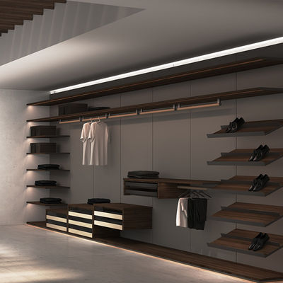 جودة  Sliding Door Master Walk In Closet Furniture Wood Aluminium With Linear LED مصنع
